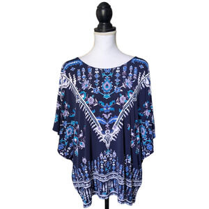 Chicos Navy Blue Floral Geometric Ikat Boxy Jersey Top Size 3 XL Short Sleeve